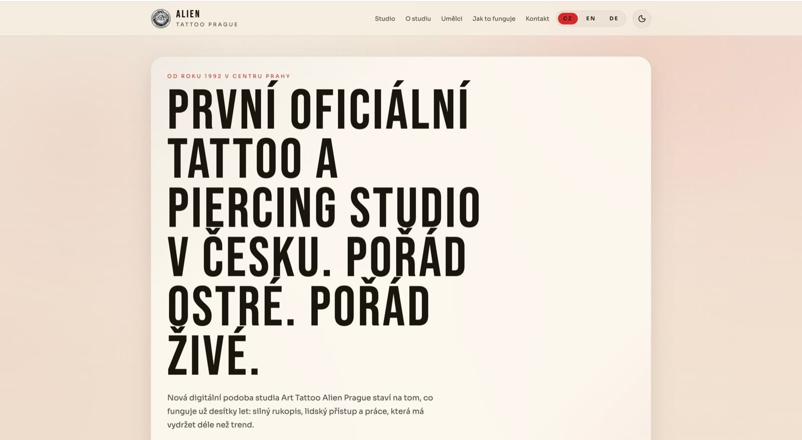 Alien Tattoo Prague — The first official tattoo & piercing studio in Czechia — sharp since 1993.